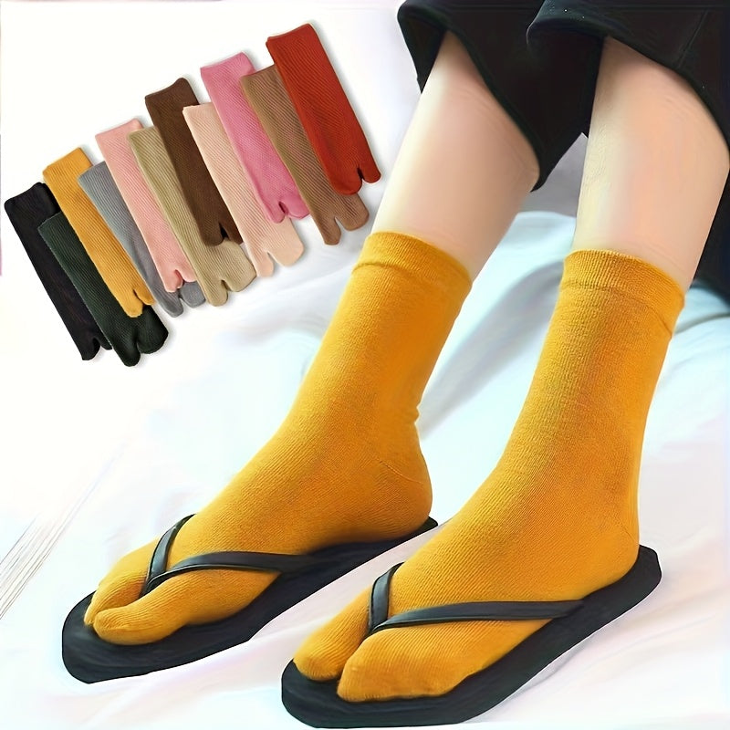 11 Pairs Women's Split-Toe Mid-Calf Socks with Thumb & Two-Toe Design - Warm Winter Thermal Crew Socks, Vibrant Solid Color, Machine Washable for Casual & Formal Outfits, Stylish Cold Feet, Slouchy Sock Style