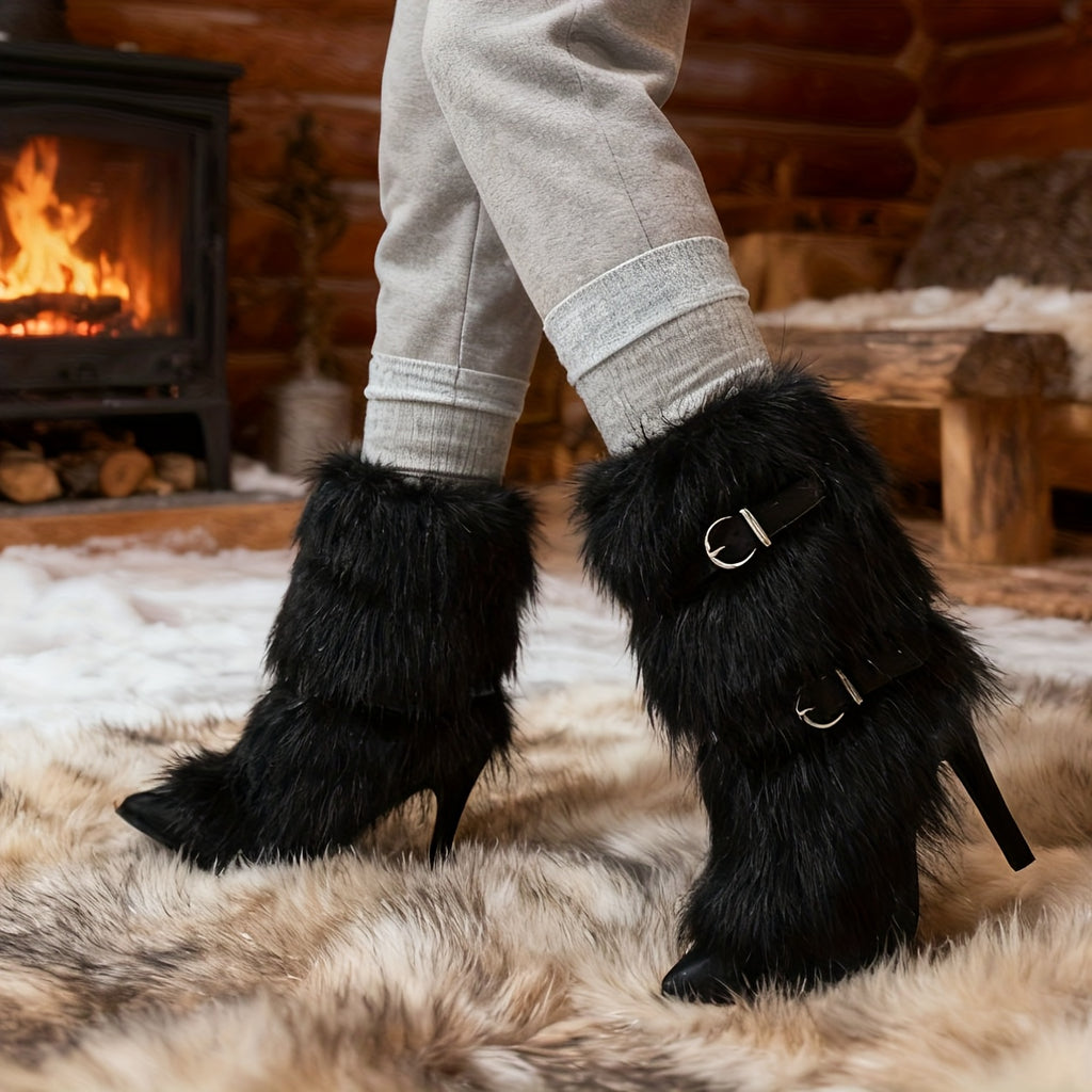 Faux Fur Plush Short Boots with Stiletto Heels
