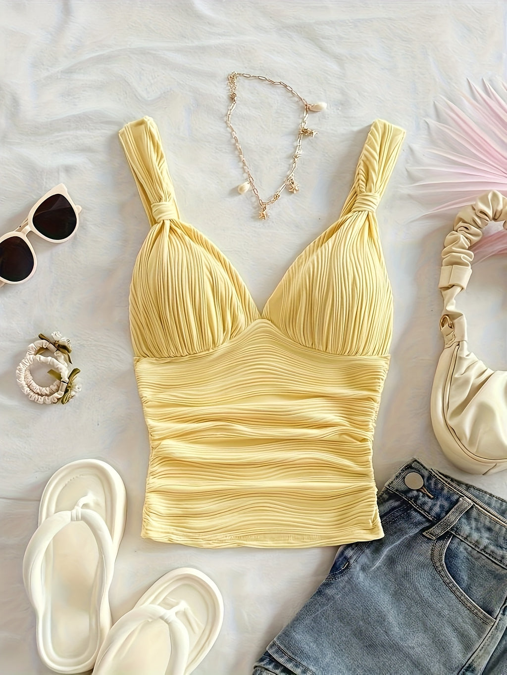 Women's Solid Color Pleated Vest and Drawstring Slim Skirt Set, Two-Piece