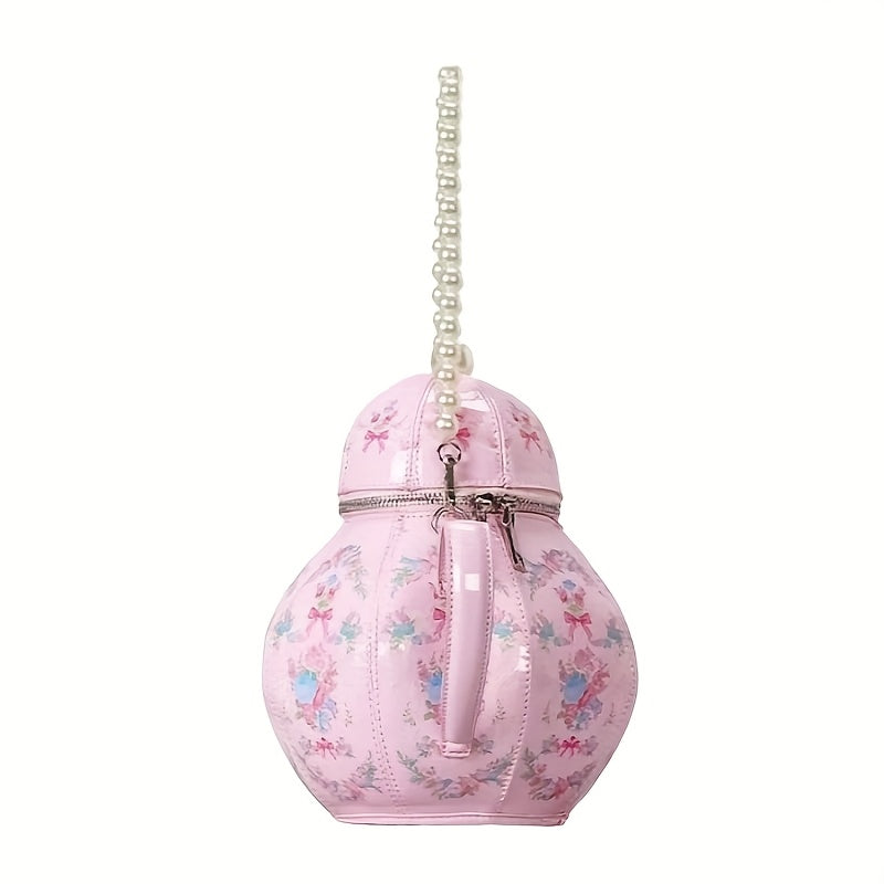 Pink Floral Tea Society Handbag for Women - Chic Designer Handbag with Pearl Strap, Adjustable & Stylish, Polyester Lined, Zip Closure, Perfect for Everyday Use Or Special Occasion