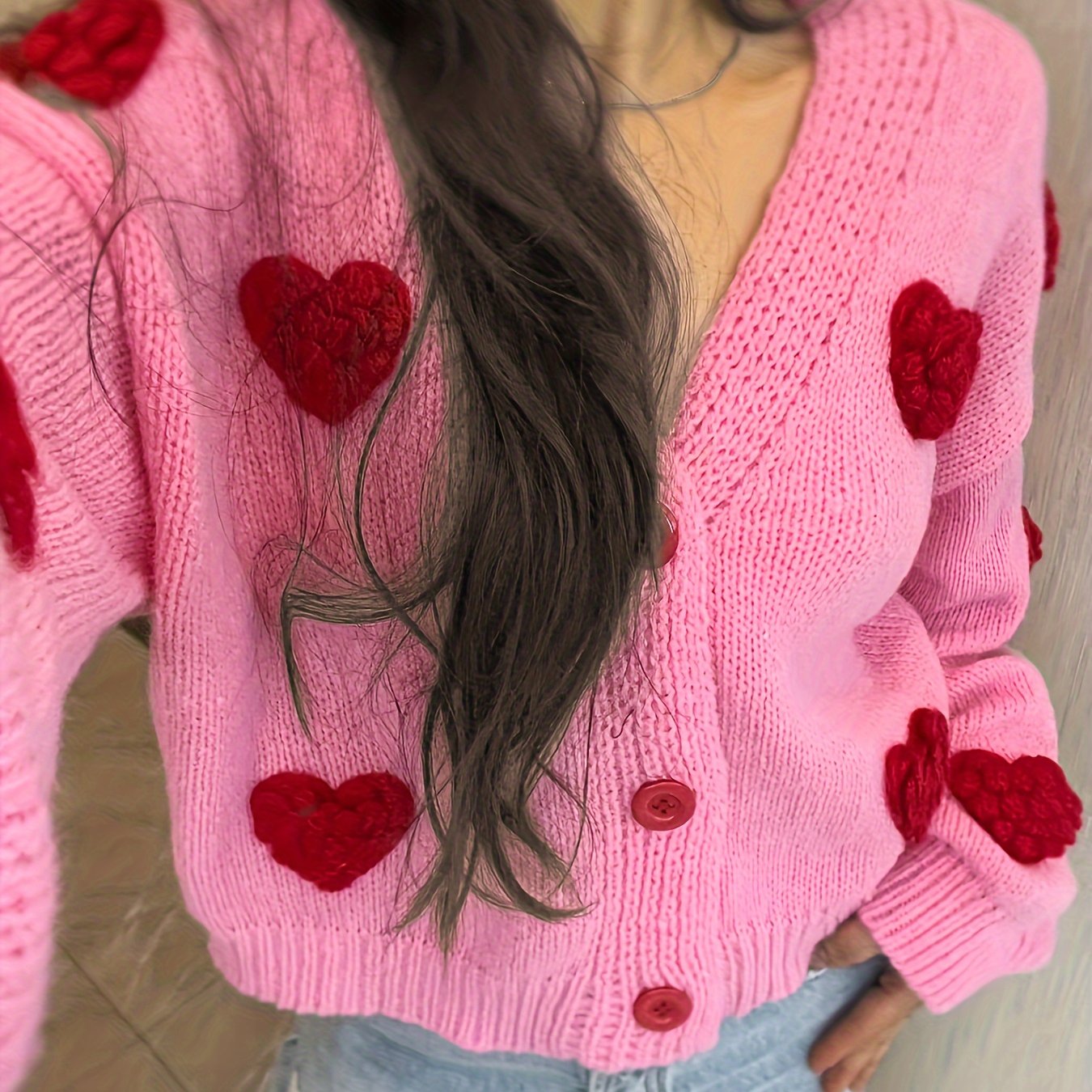 Chic Handmade Heart Pattern V-Neck Cardigan