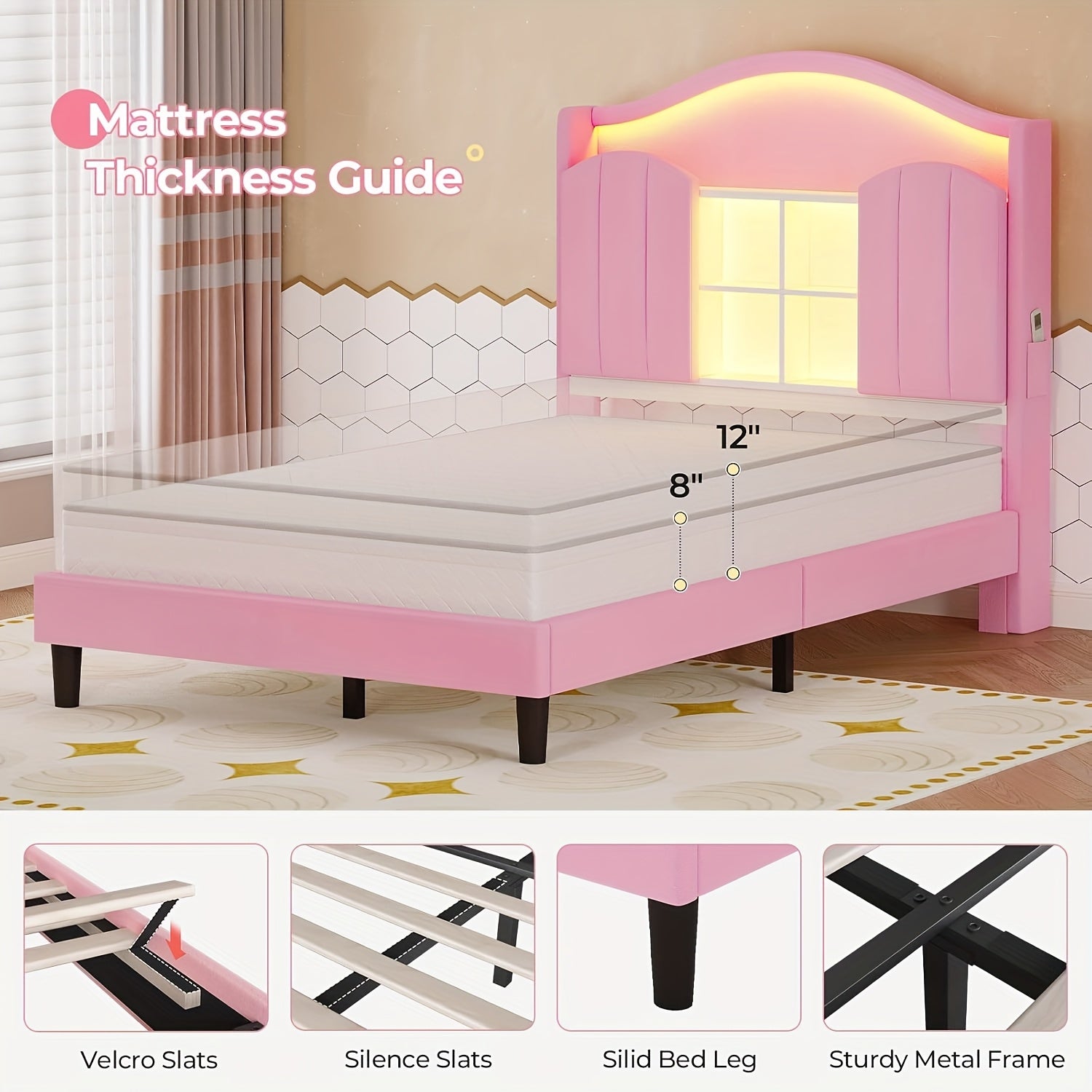 Upholstered Princess Twin Bed with LED Lights & Power Outlts