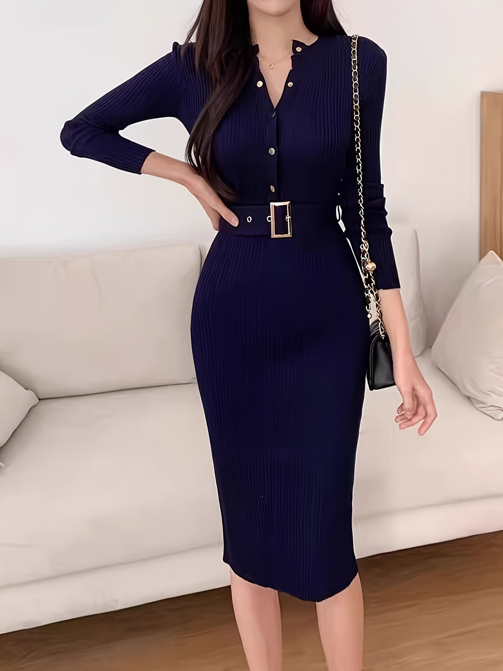 Women'S Elegant Korean Style Sweater Dress - Long Sleeve A-Line Skirt with Back Slit, Stretchy High-Waisted Mid-Length Winter Dress, Soft Fabric For Fall/winter, Casual To Formal Wear, Winter Dresses, Formal Winter Wear, Soph