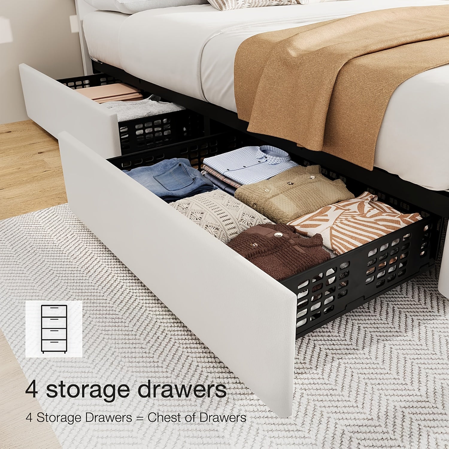 Bed Frame with 4 Storage Drawers And Headboard with Wood Slat Supports, Button Tufted Design, No Box Spring Required