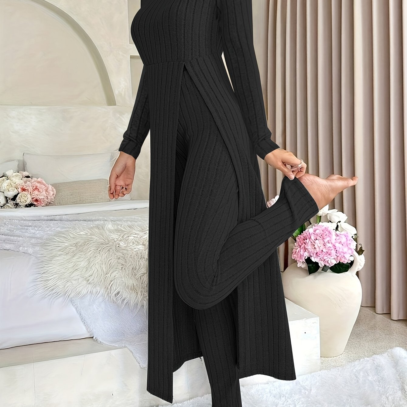 Two-piece Set of Ribbed Long-sleeved Top and Pants