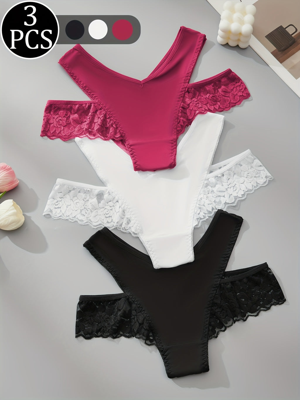{3pcs} Briefs with Lace Cut-Out Design