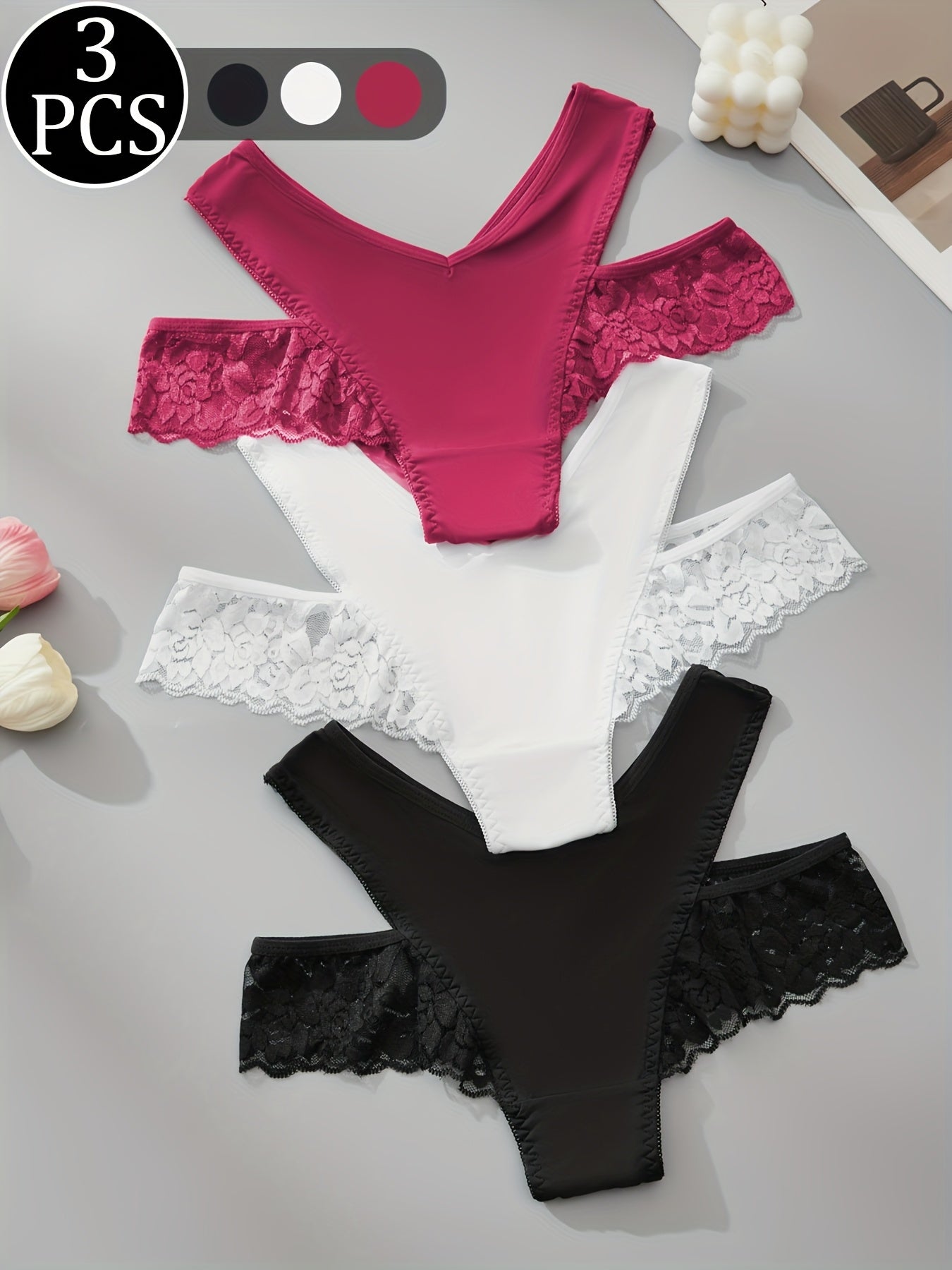 {3pcs} Briefs with Lace Cut-Out Design