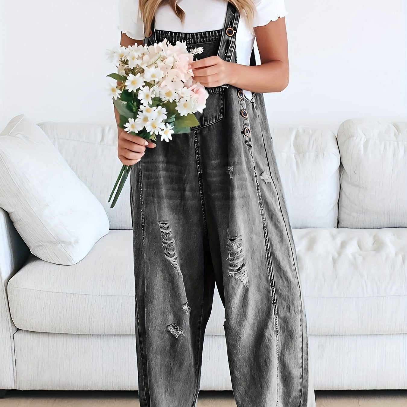 Distressed Denim Overalls