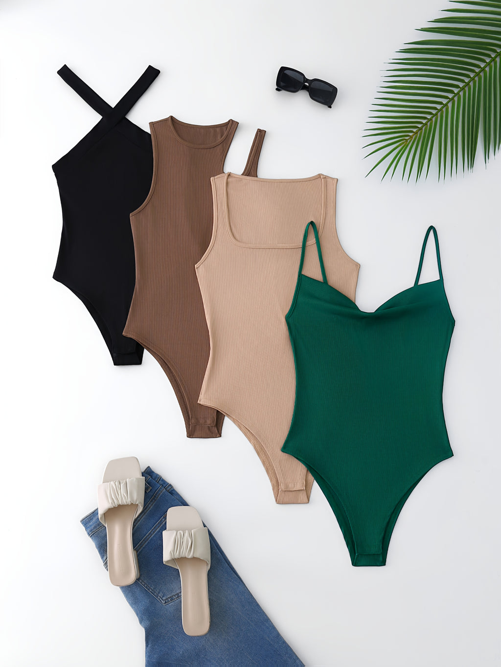 Women's 4pcs Sleeveless Square Neck Crop Top Camisole Cross-Back Bodycon Jumpsuit Set in Various Styles