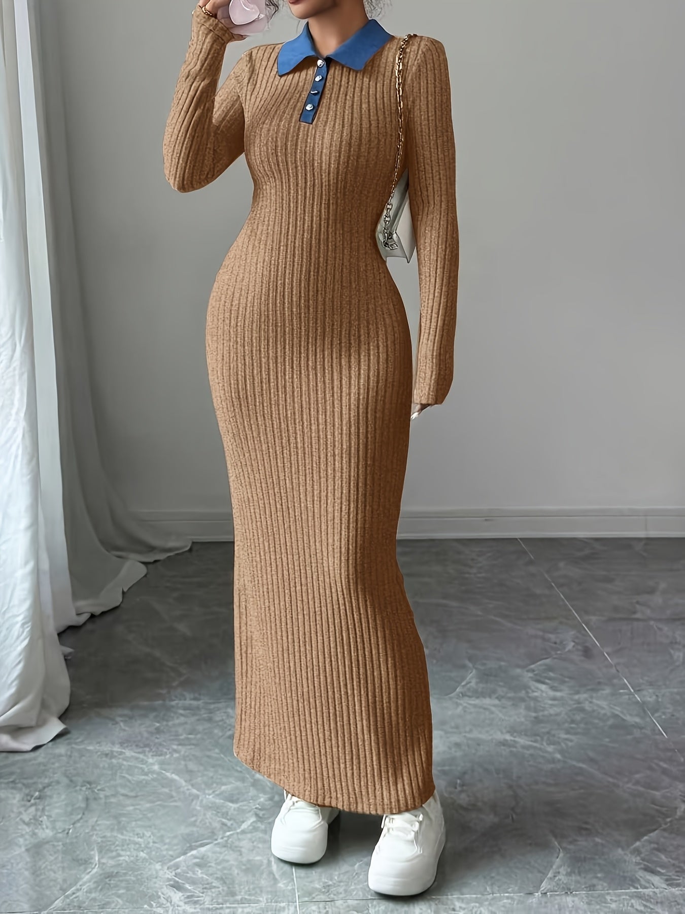 Long Sleeve Slim-Fit Autumn/Winter Dress with Contrast Stripe and Collar Button Design