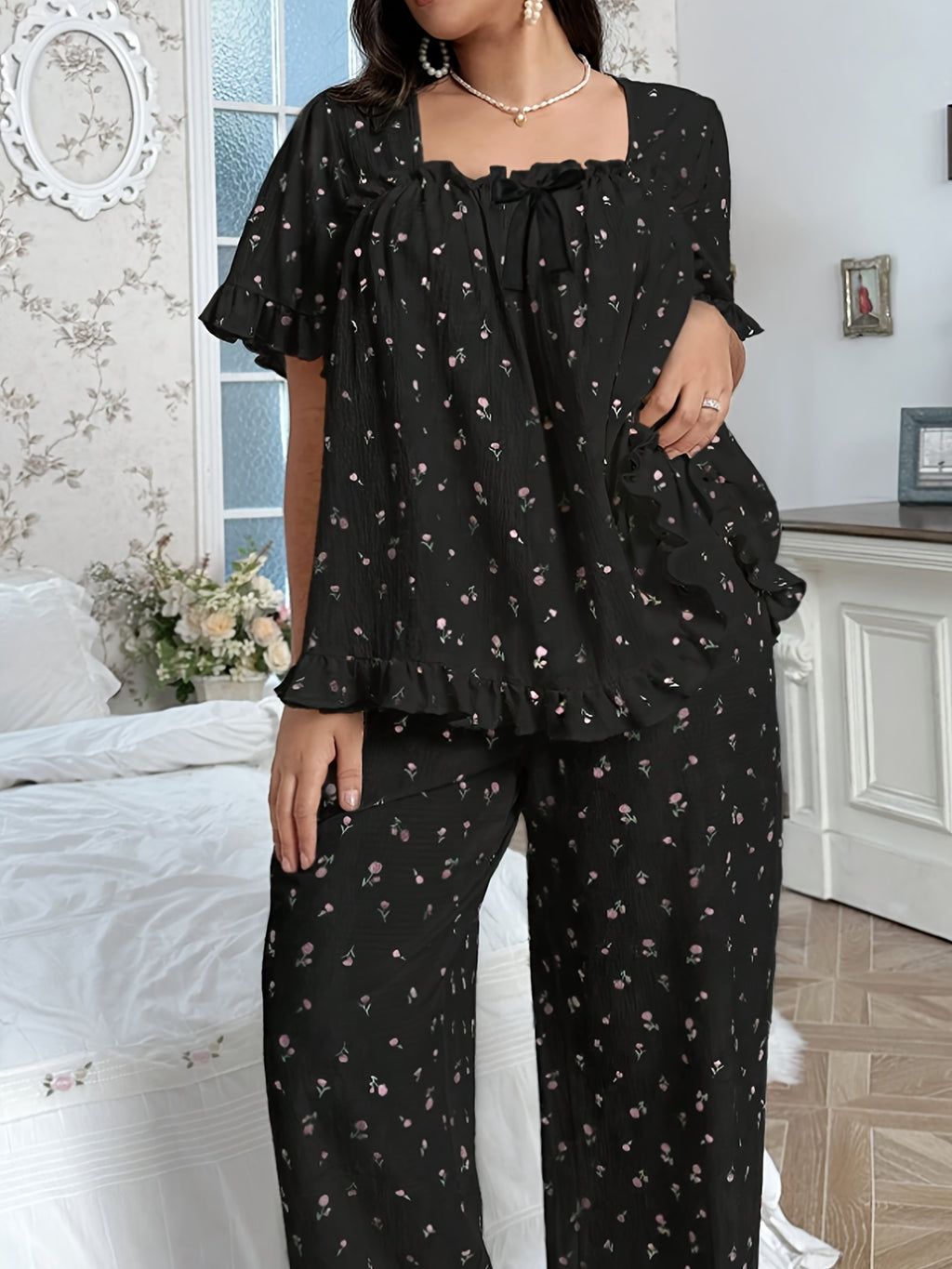 Casual Loose Floral Print Square Neck Bow Decor Pleated Hem Ruffle Edge Short Sleeve Top Set