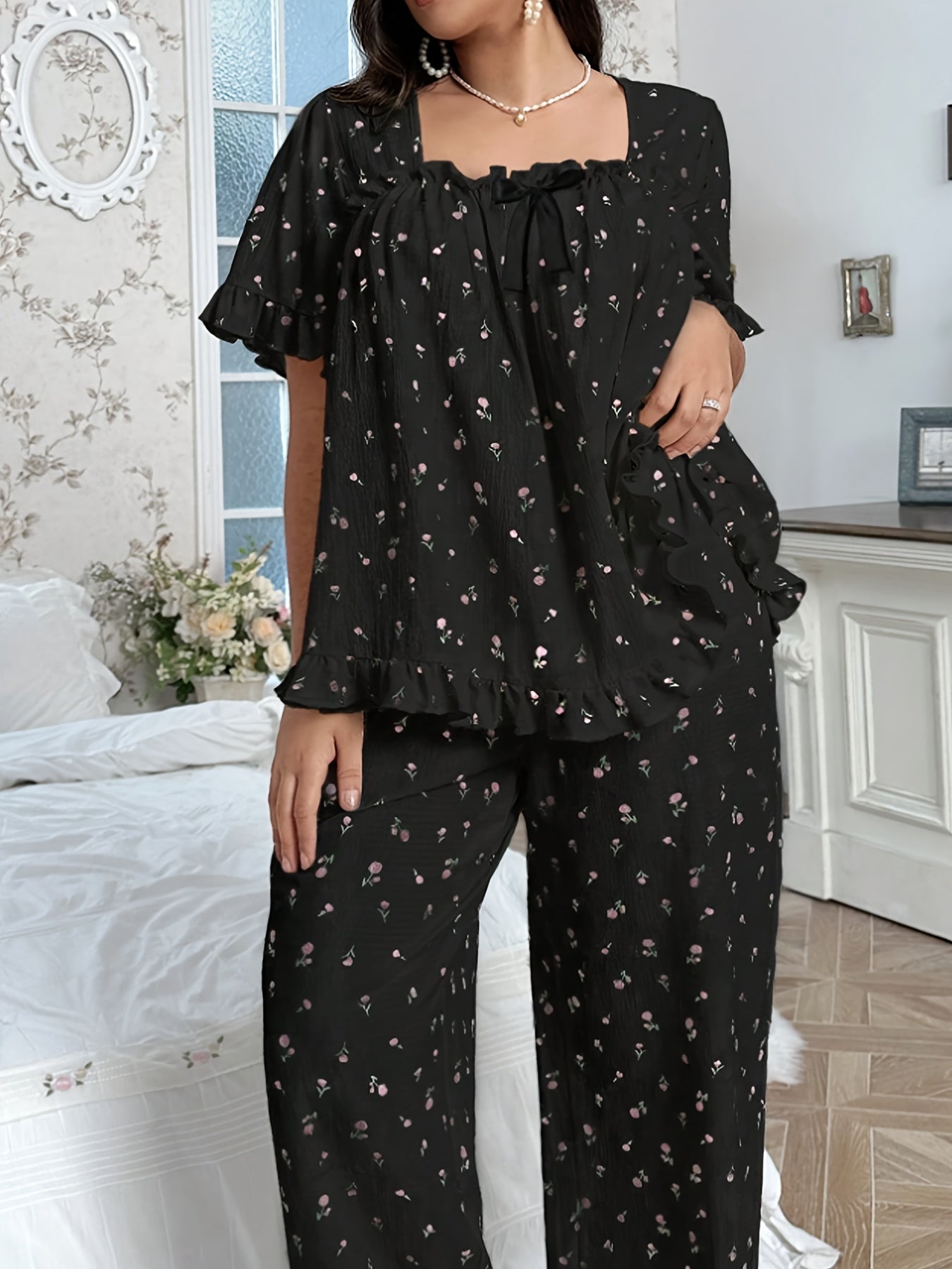 Casual Loose Floral Print Square Neck Bow Decor Pleated Hem Ruffle Edge Short Sleeve Top Set