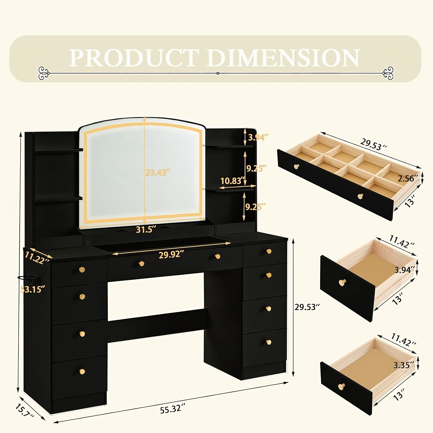 Modern White Makeup Vanity Desk with Large LED Mirror & Charging Station