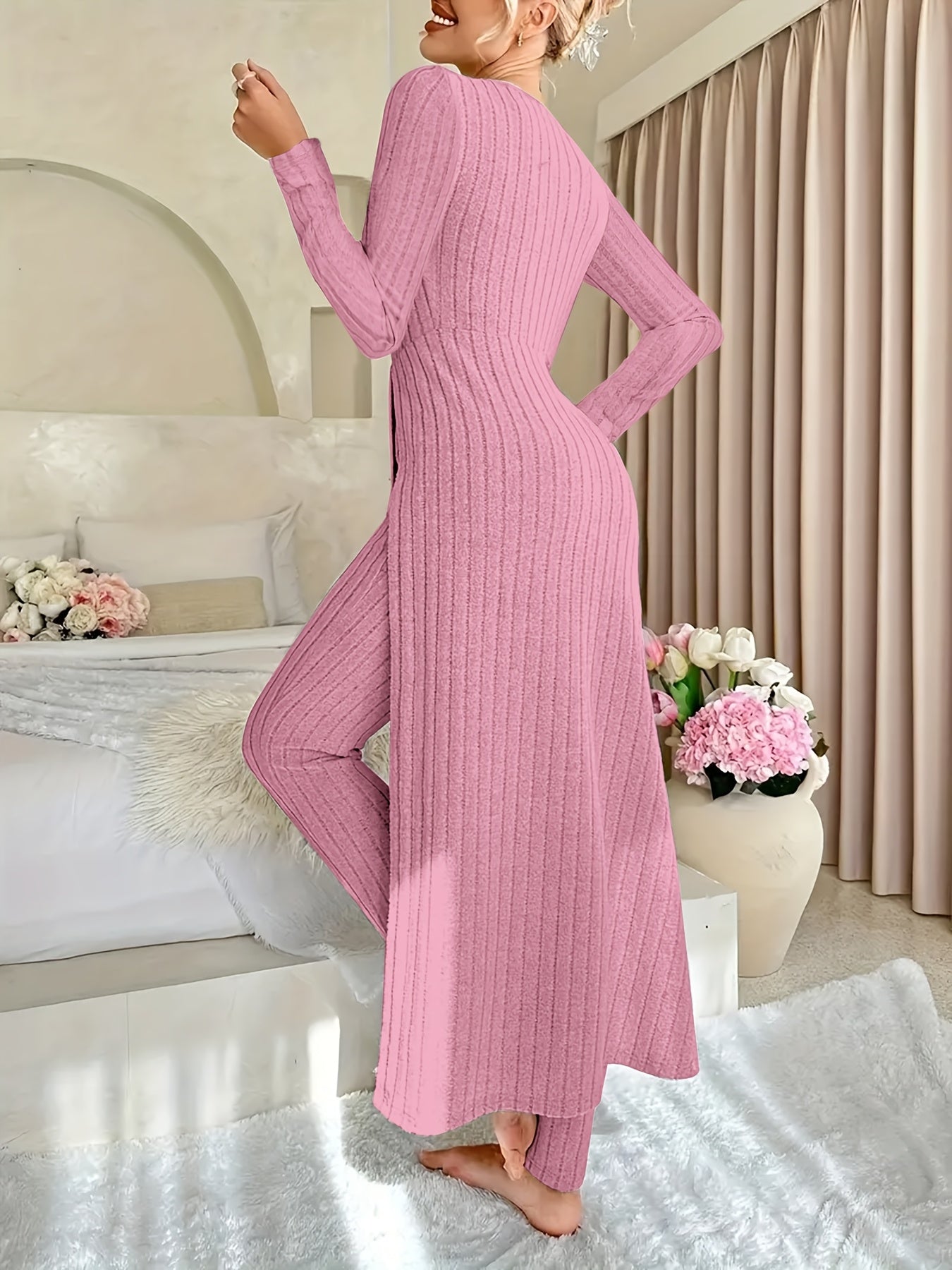 Two-piece Set of Ribbed Long-sleeved Top and Pants