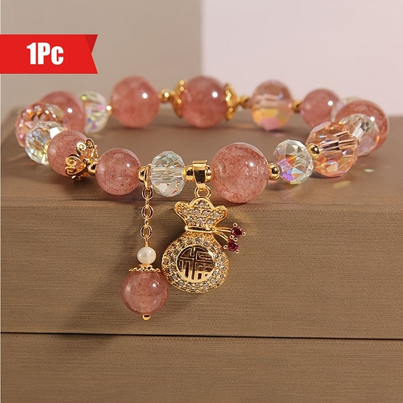 Pink Beaded Bracelet with Cute Golden Beads