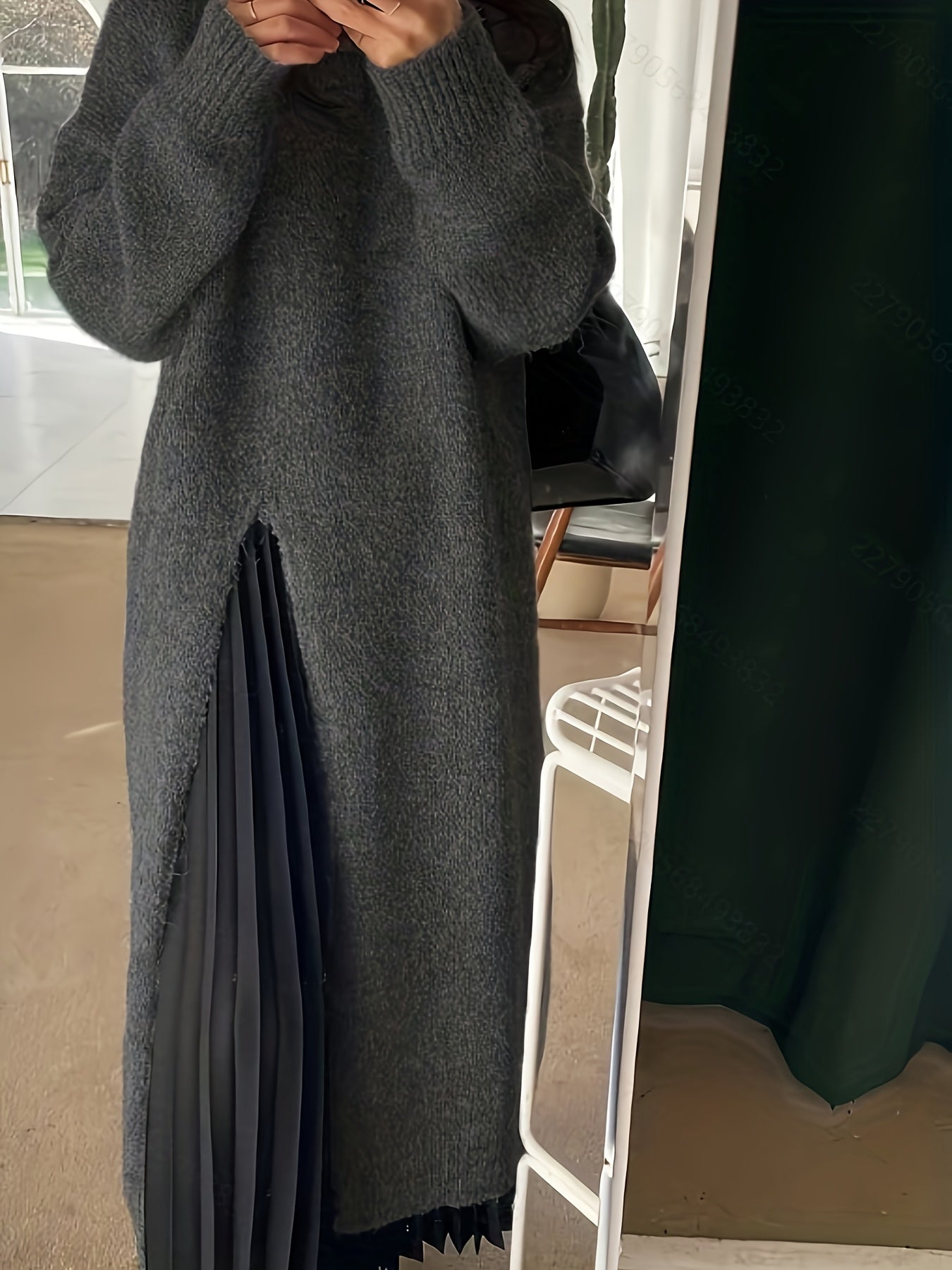 Long Sleeve Crew Neck Dress with Side Slit