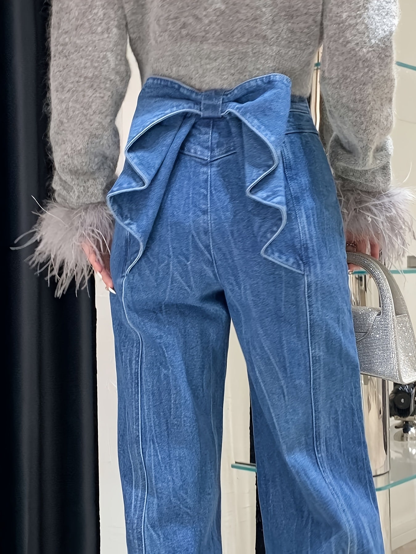 High-Waisted Wide-Leg Jeans with Oversized Back Bow