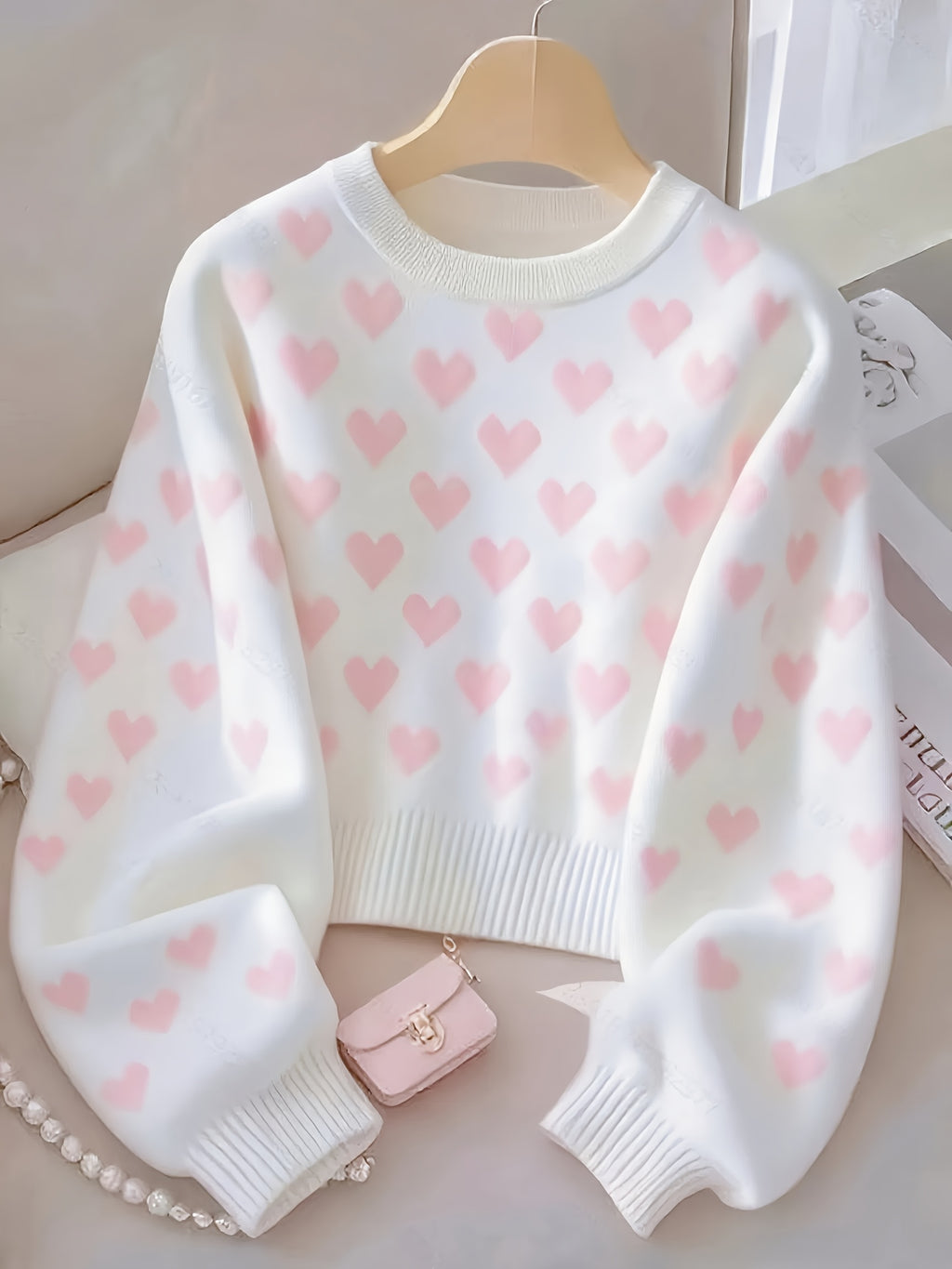 Women'S Pink Heart Sweater - Soft & Cozy Long Sleeve Pullover with Round Neck, Elegant Casual to Formal Wear, All-Season Comfort, Casual Wear Sweater | Round Neck Sweater | Soft Texture