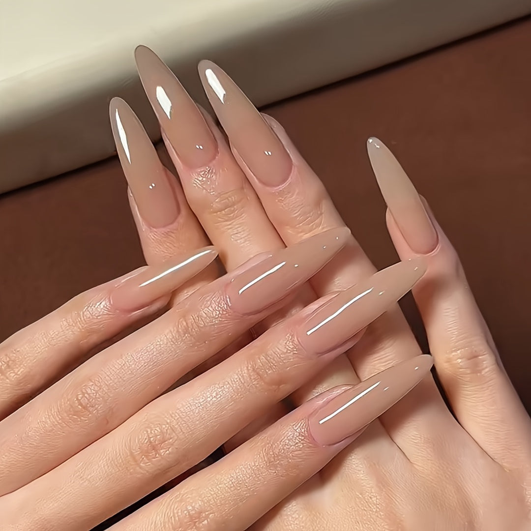 24pcs Long Stiletto Nude Nail Tips, Elegant Milk Tea Color Fake Nails Press-ons, Natural Looking Full Cover Artificial Nails for Office Wear