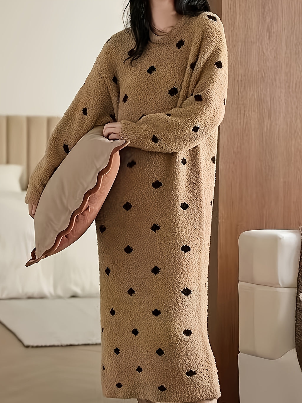 [Striped Pajama Dress] Women's Long Wave Dot Pajama Nightdress - High-Stretch Winter Sleepwear with Round Neck, Floor-Length Soft Brown & Black Horizontal Striped Design, Machine Washable Cozy Lounge Dress for Adults, Comfort