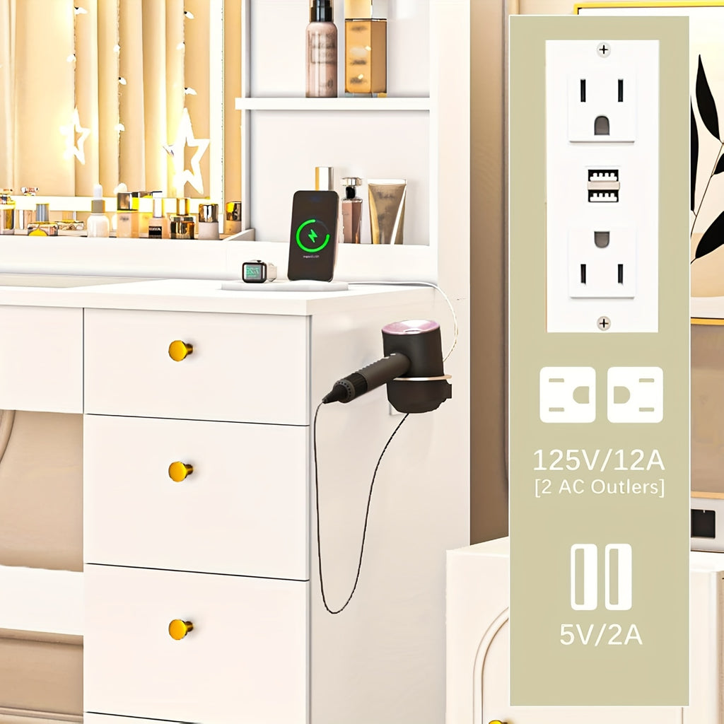 Modern White Makeup Vanity Desk with Large LED Mirror & Charging Station