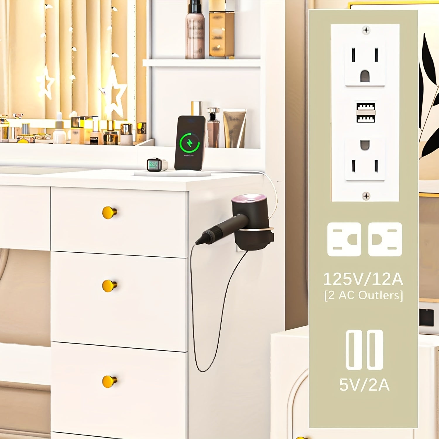 Modern White Makeup Vanity Desk with Large LED Mirror & Charging Station