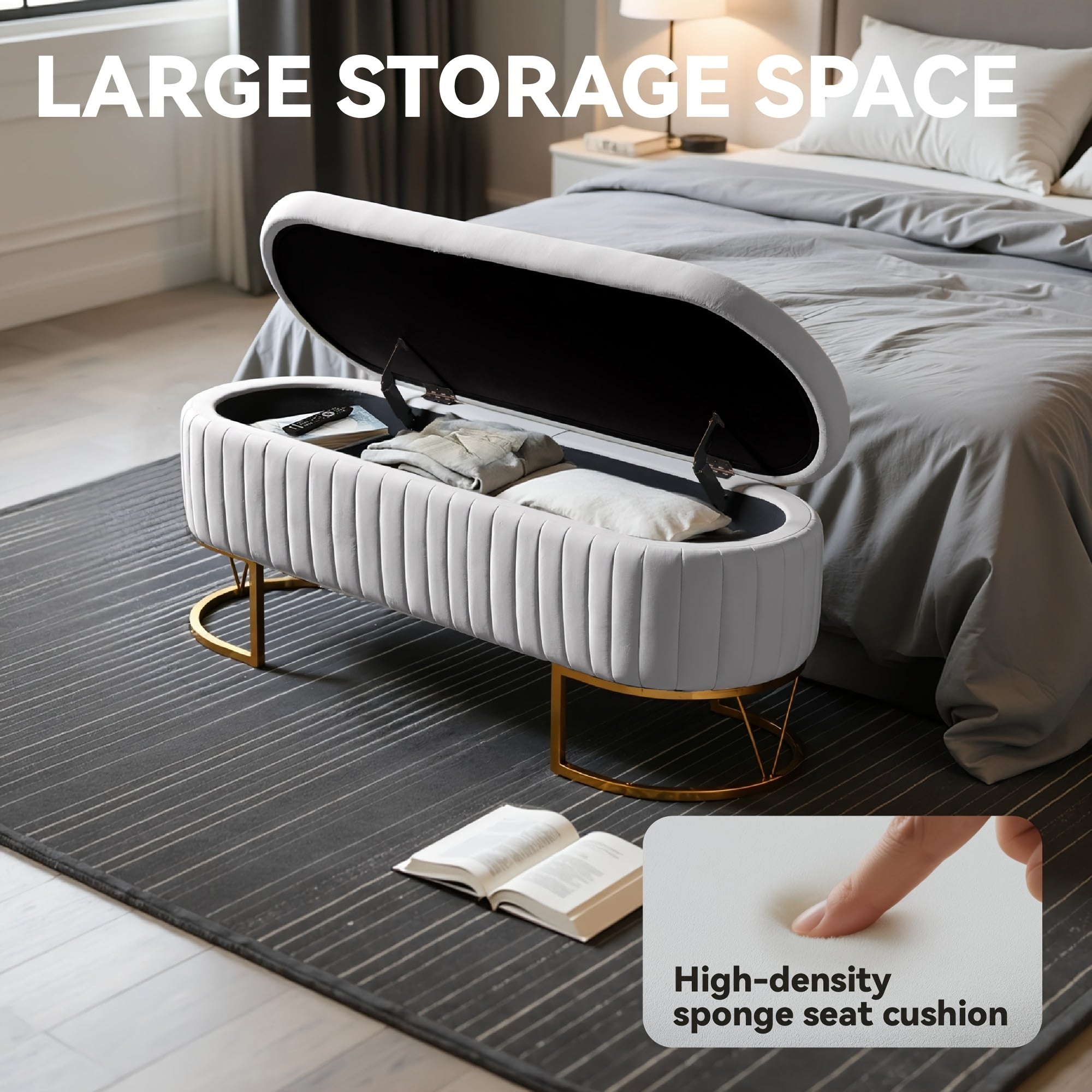 White Velvet Upholstered Storage Ottoman Footrest with Golden Legs