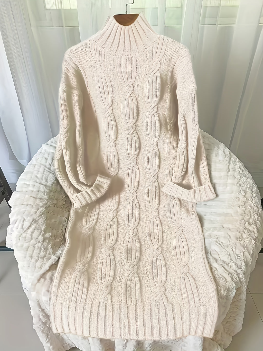 Vintage Drawstring High Neck Long Sleeve Fabric Dress