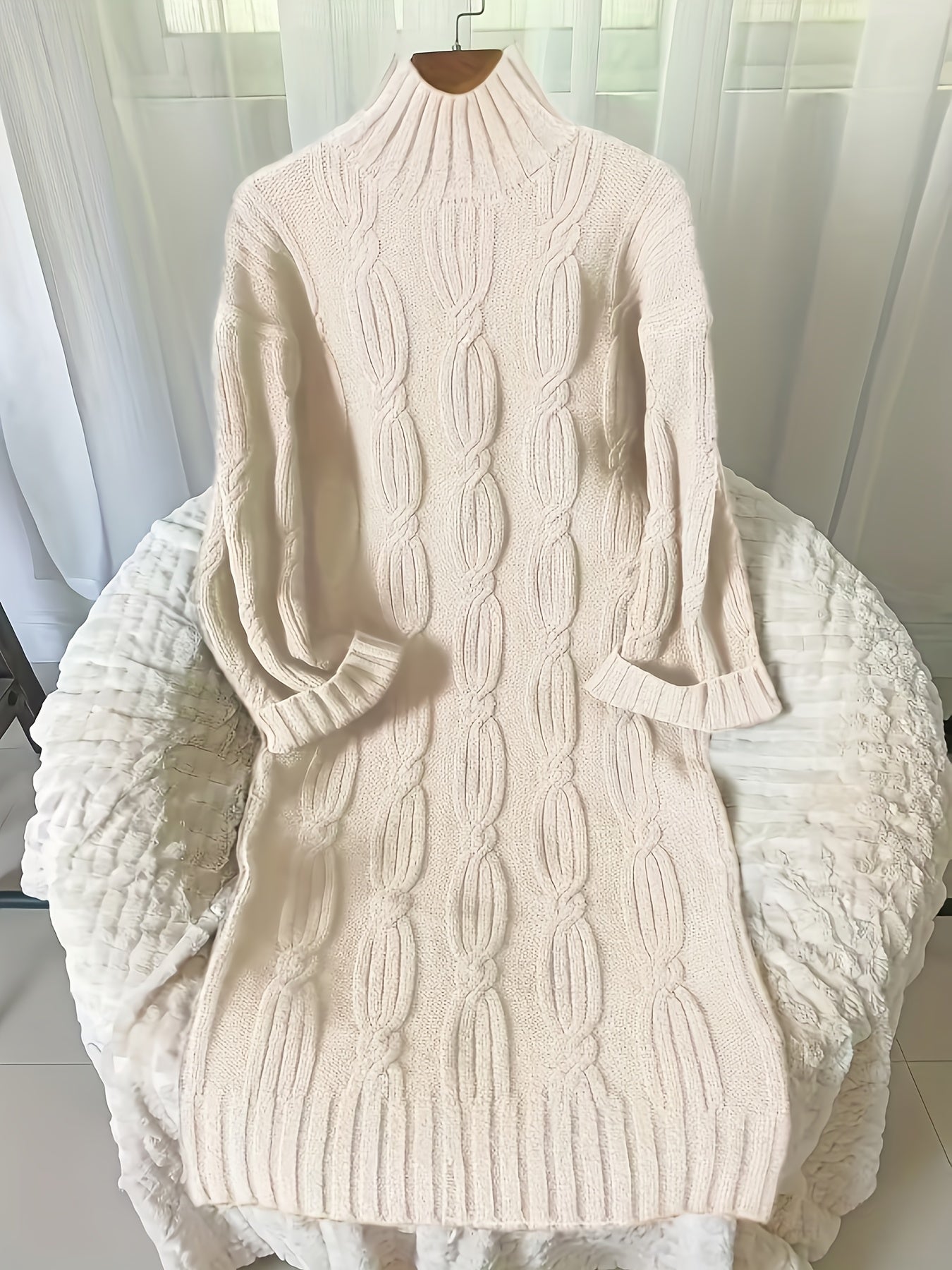 Vintage Drawstring High Neck Long Sleeve Fabric Dress