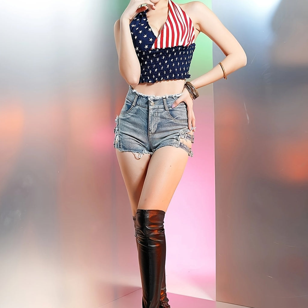 Ripped Two-Strap High Waist Denim Shorts