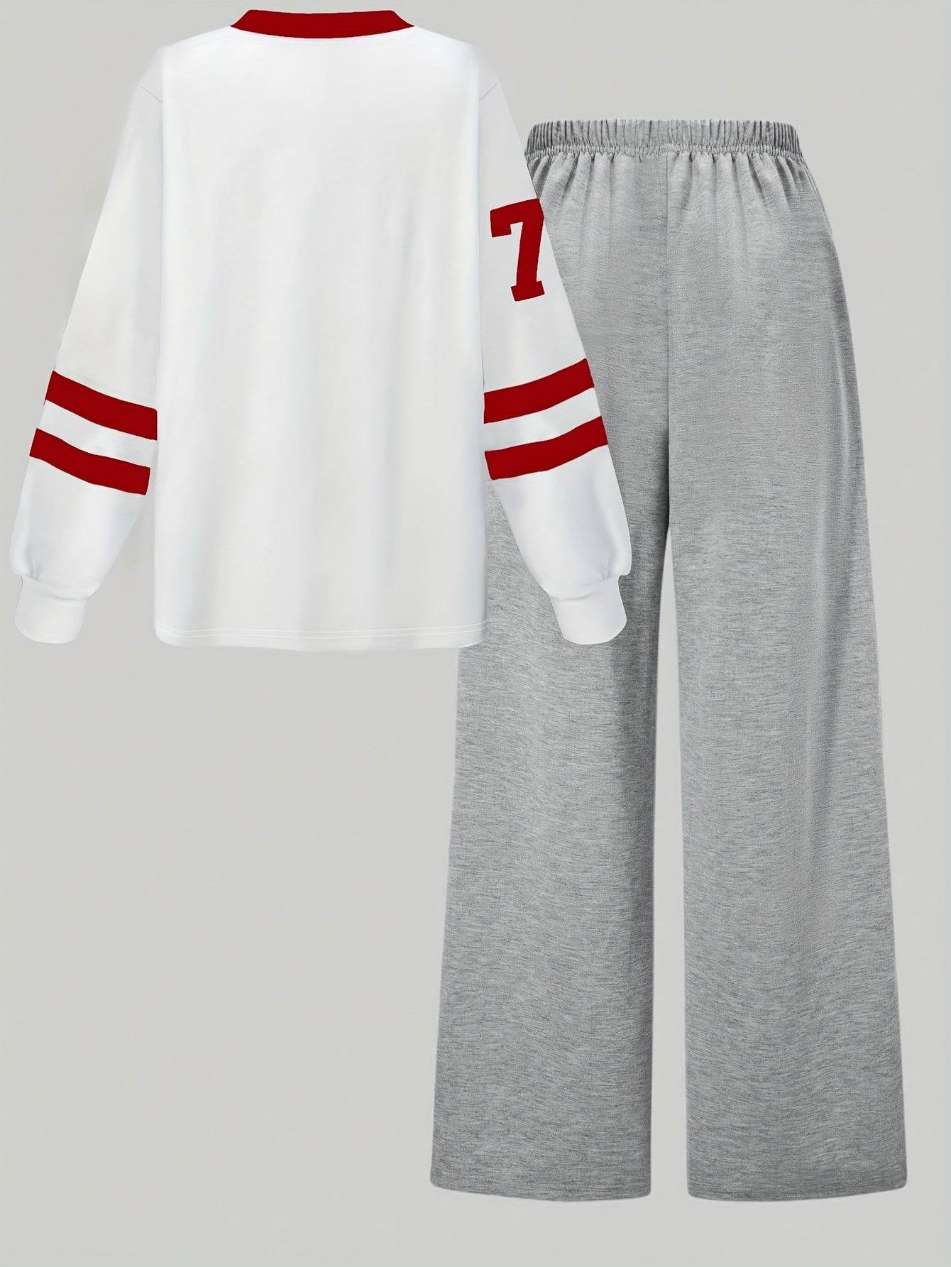 [2pcs} Digital Print Versatile V-Neck Top and Simple Wide-Leg Pants Set