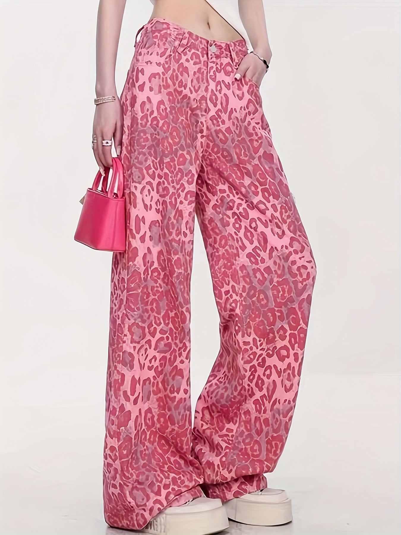 Loose Pink Leopard Print Denim Long Pants