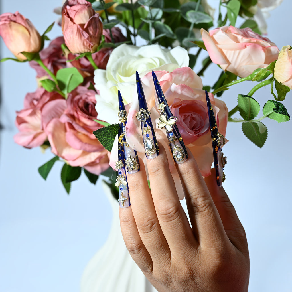 Handmade Luxury Limited XL Stiletto Press-On Nails - 3D Golden Crown & Butterfly Charms