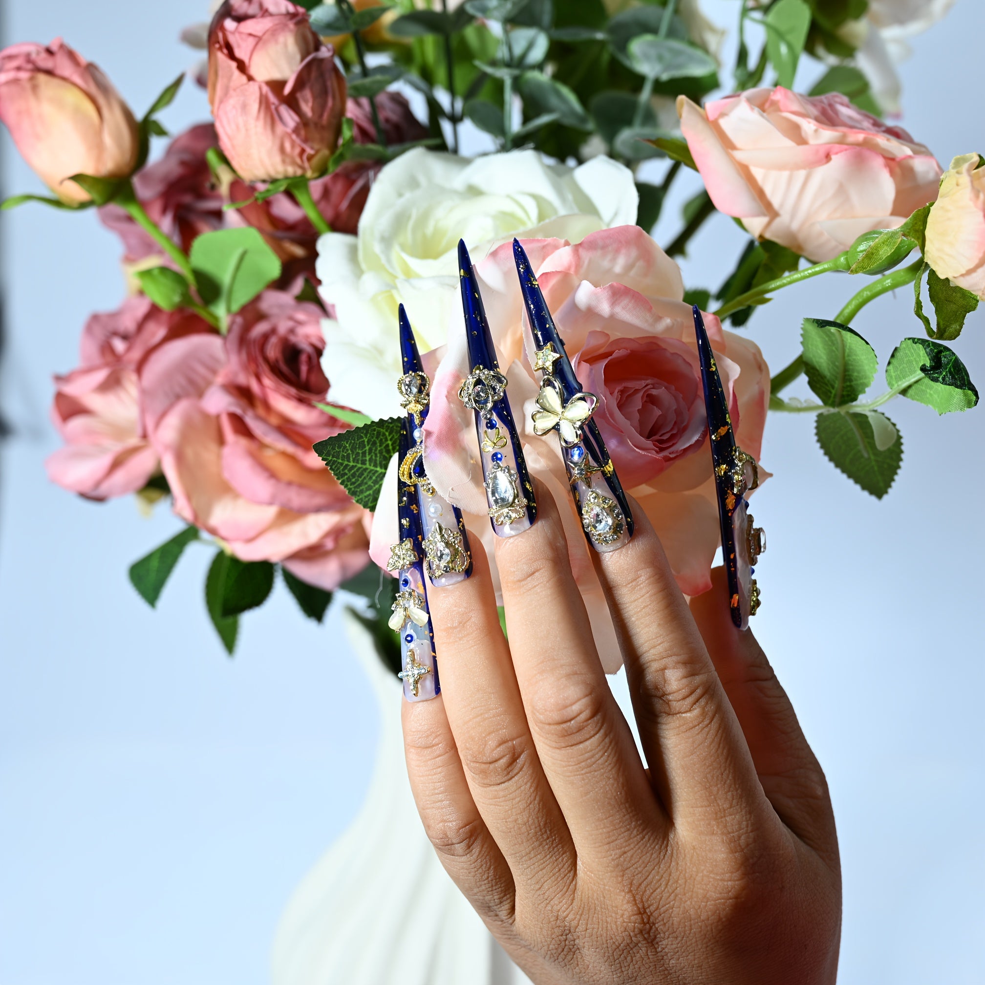 Handmade Luxury Limited XL Stiletto Press-On Nails - 3D Golden Crown & Butterfly Charms