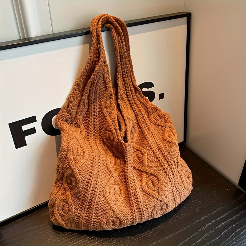 Vintage Knit Hobo Bag - Large Capacity Women'S Shoulder Bag with Intricate Braided Design, Beige Casual Tote for Shopping & Daily Use, Available in Three Colors | Retro Style Handbag | Open Design, Casual Shoulder Bag | Retro