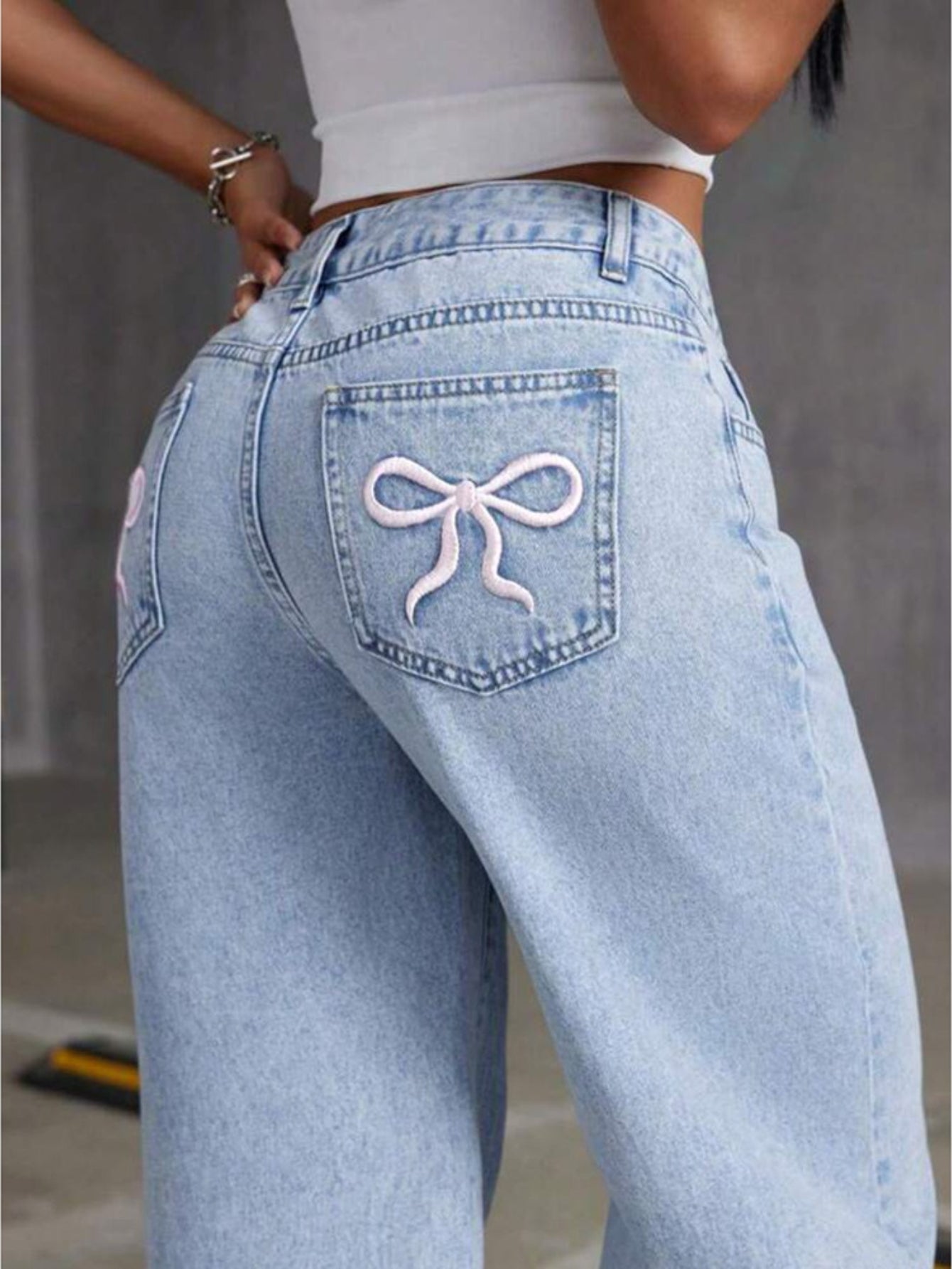 Light Blue High - Waisted Wide - Leg Jeans. Two Styles: Bow Embroidery & Cherry Embroidery