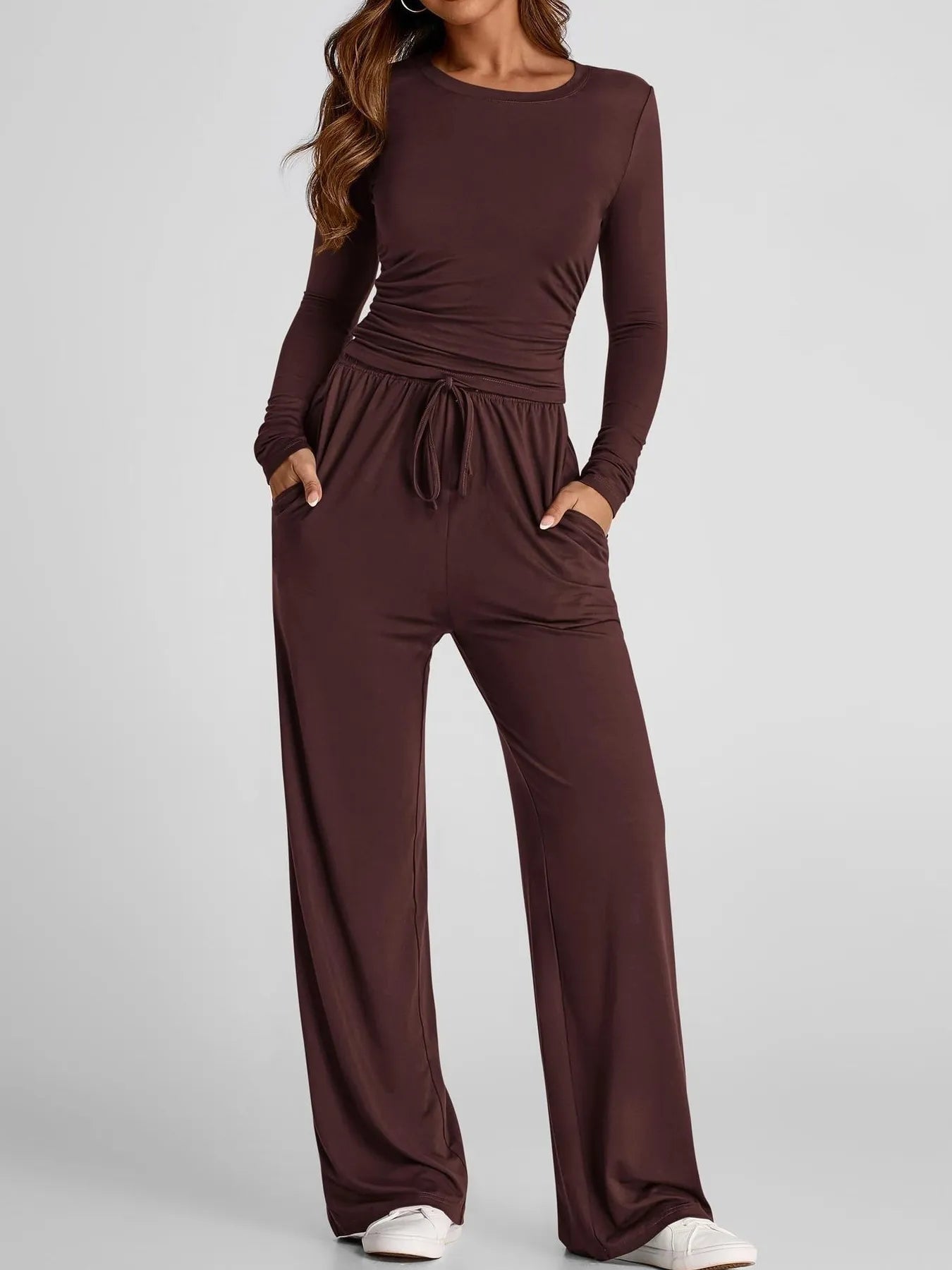 Round Neck Long Sleeve Top and Pants Set