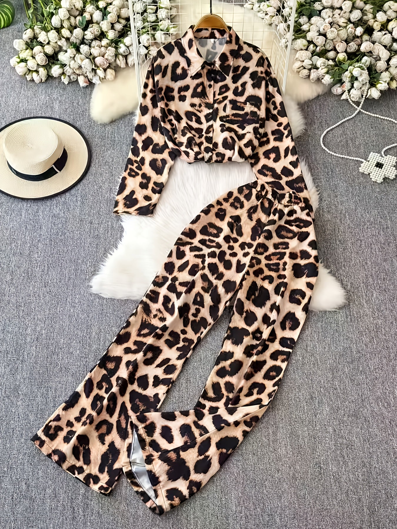 High Drape Silky Leopard Print Pajamas Two-Piece Set