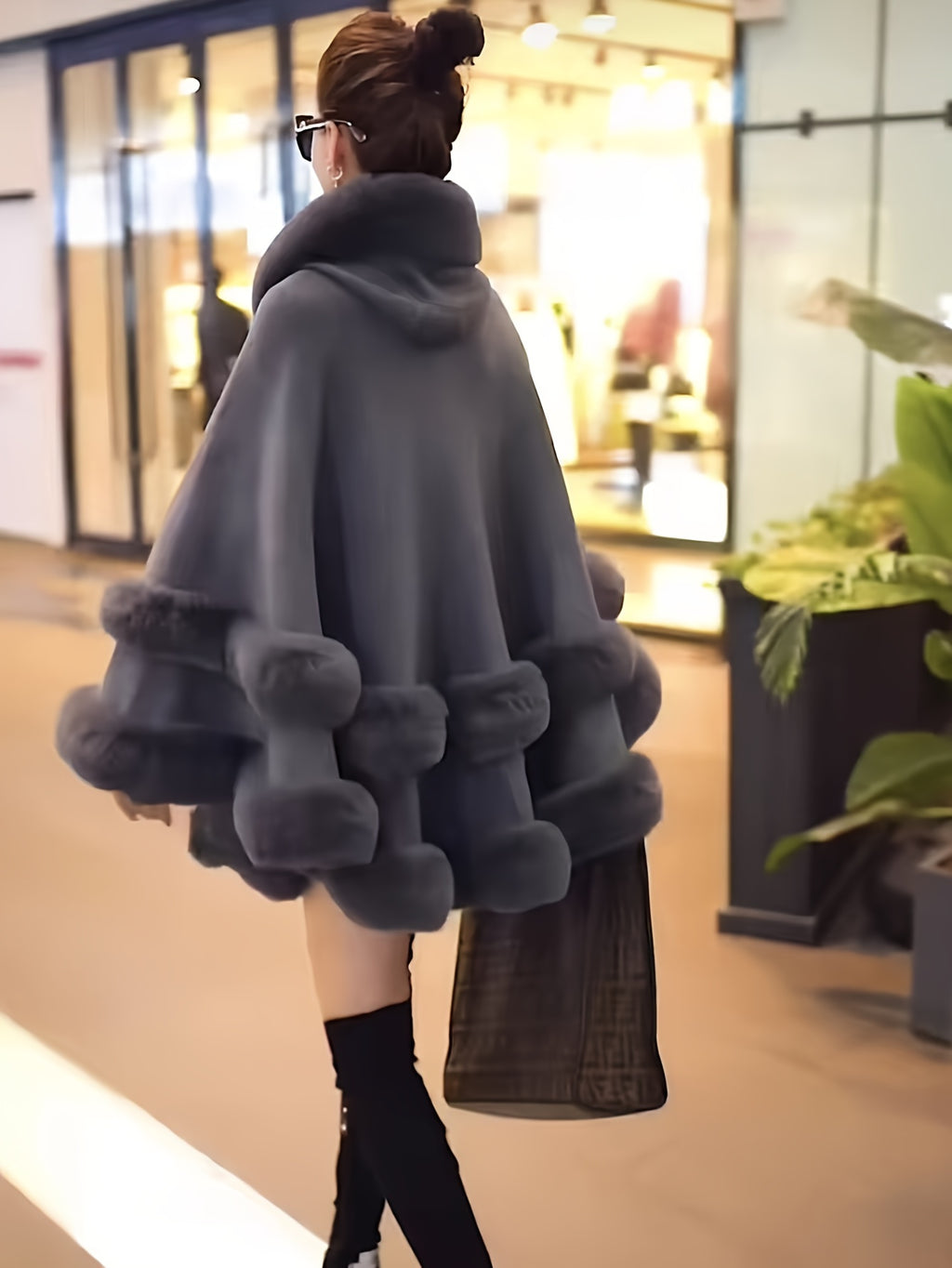 Faux Rabbit Fur-Lined Hooded Cape