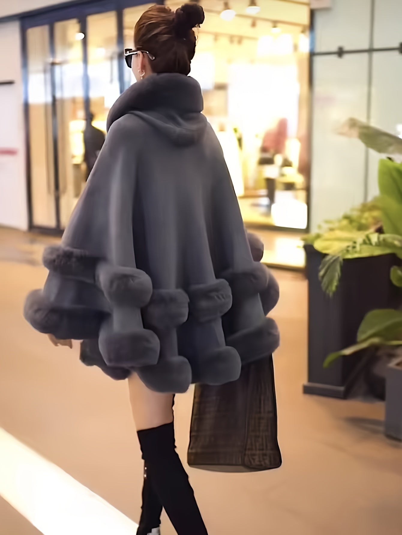 Faux Rabbit Fur-Lined Hooded Cape