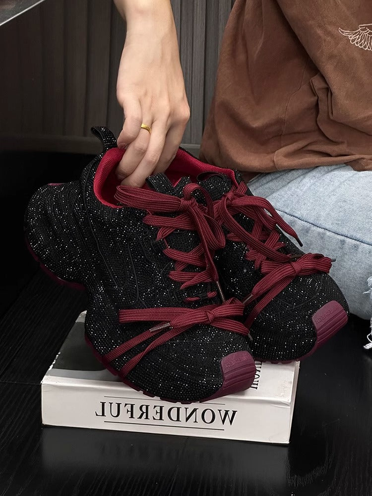 Rhinestone-Adorned Thick-Soled Dad Sneakers