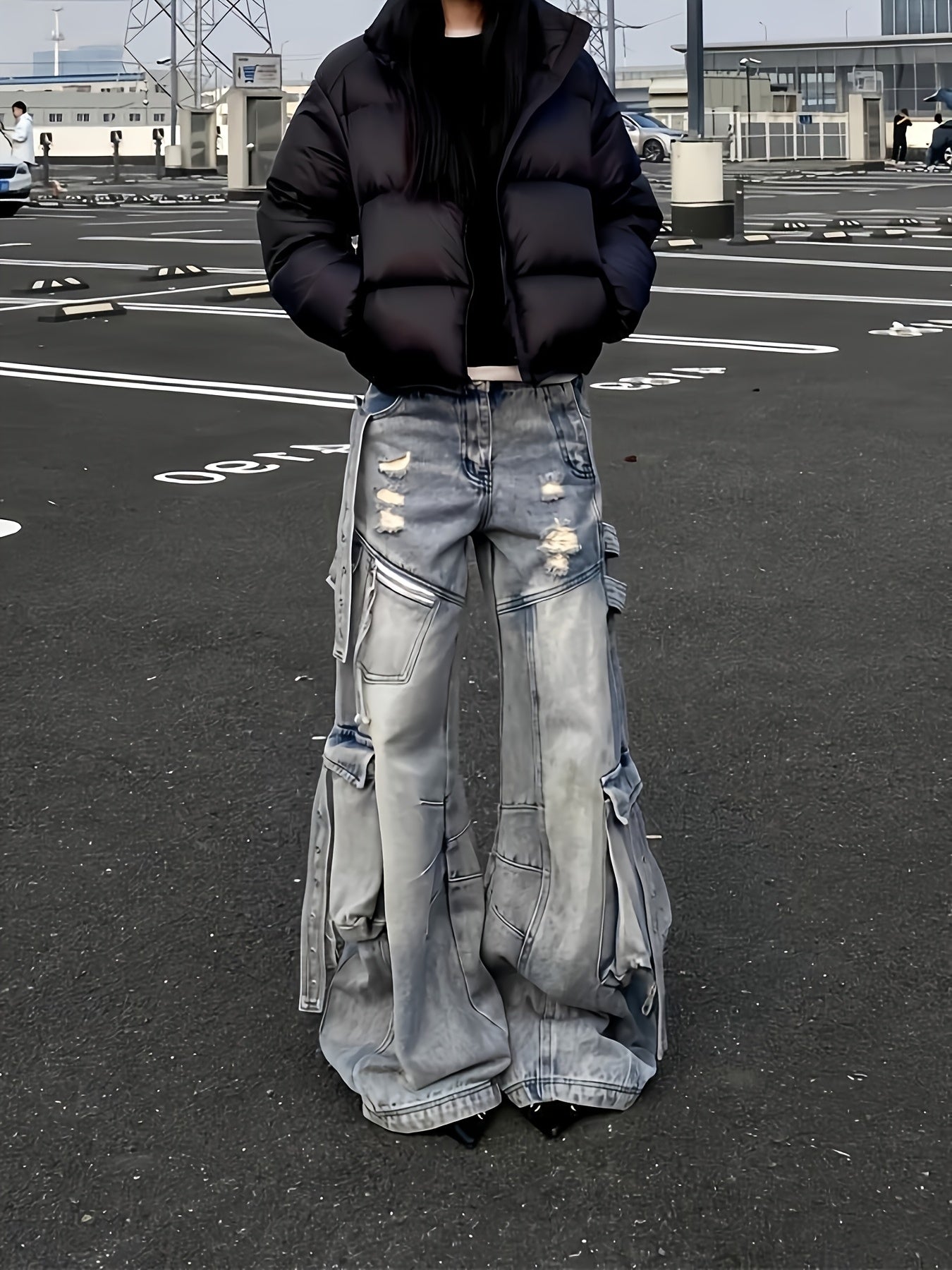 Cargo Faux Denim with Multiple Utility Pockets