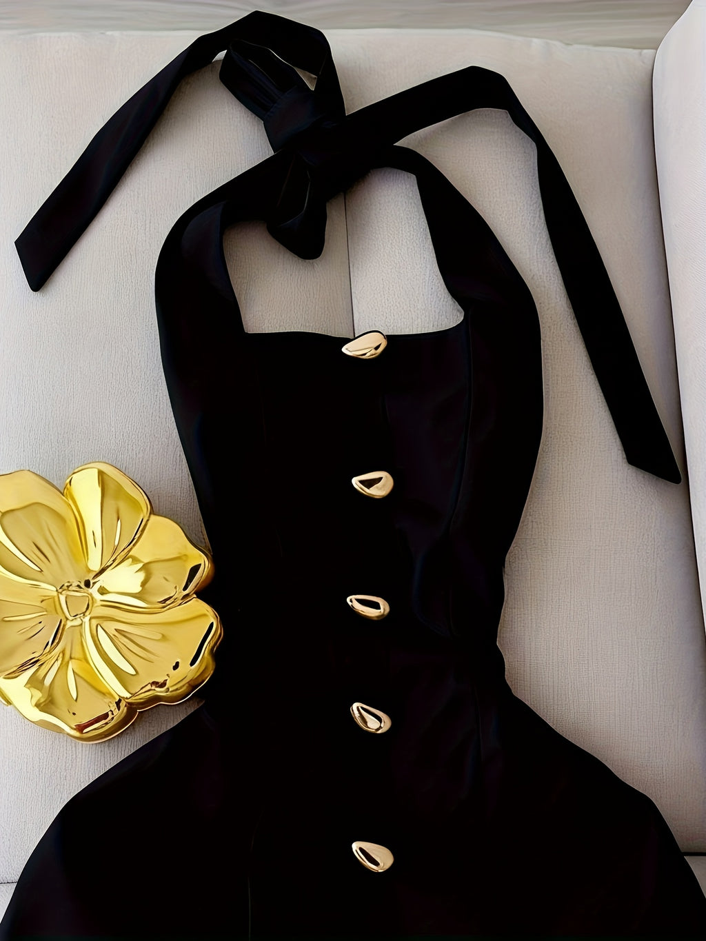 Sleeveless Waist-Cinching Dress with Tie and Button Closure