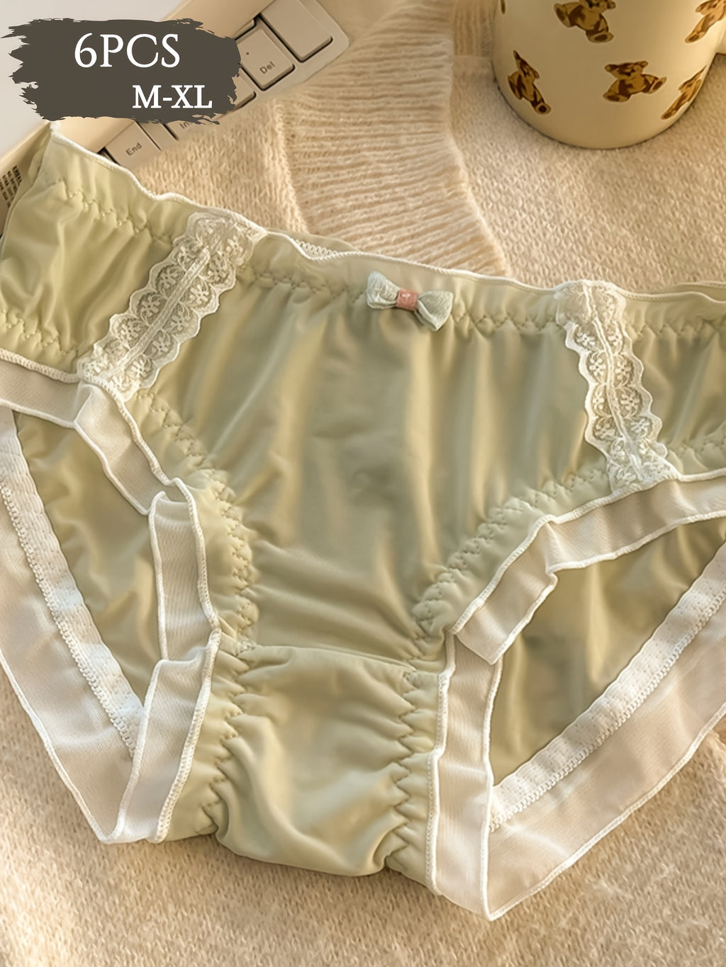 {6pcs} Lace Seamless Breathable, Comfortable, Soft, Light Beige Friendly, Sweet Bow Design Machine Washable Mid Waist Underwear