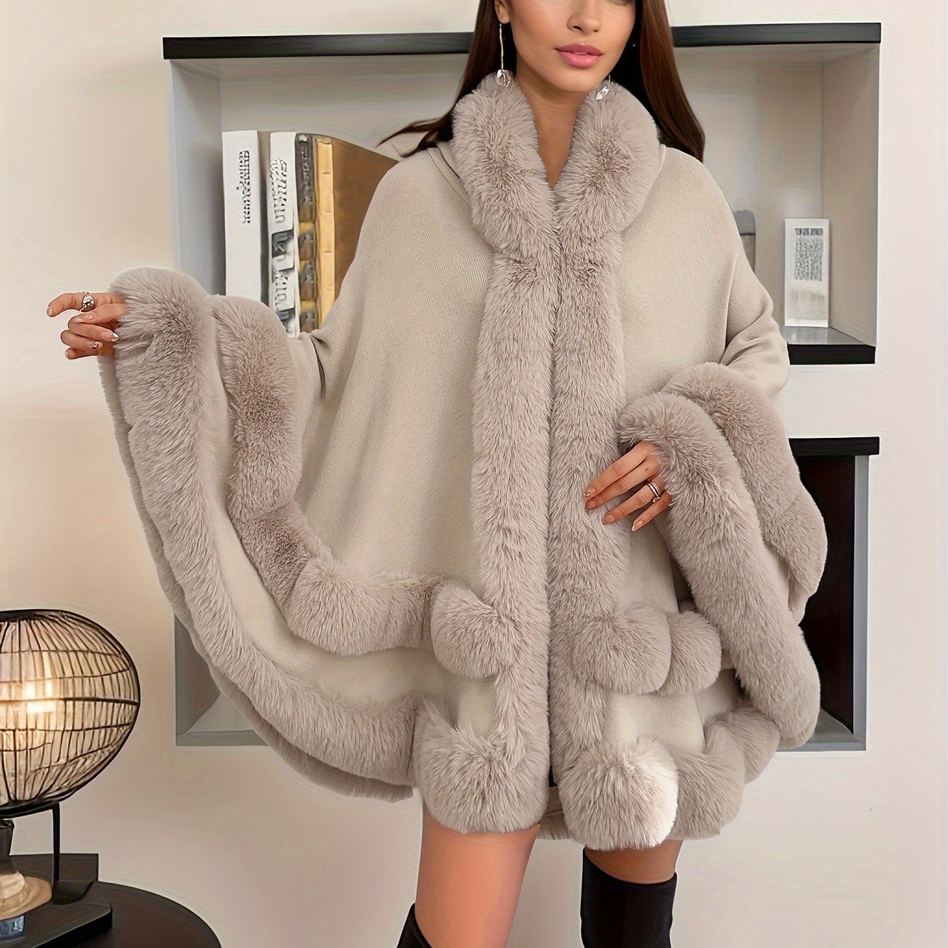 Faux Rabbit Fur-Lined Hooded Cape