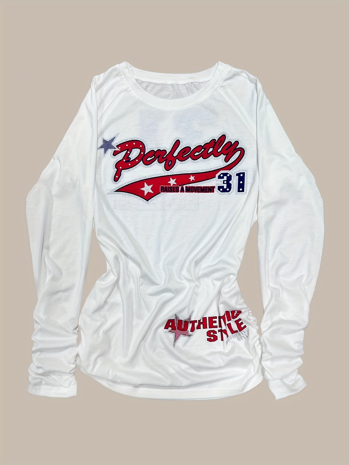 Women'S Y2K Retro Graphic T-Shirt - Long Sleeve Crew Neck Tee with Drawstring Waist, Slim Fit Casual Top for Everyday & Formal Outfits - All-Season Layering Essential