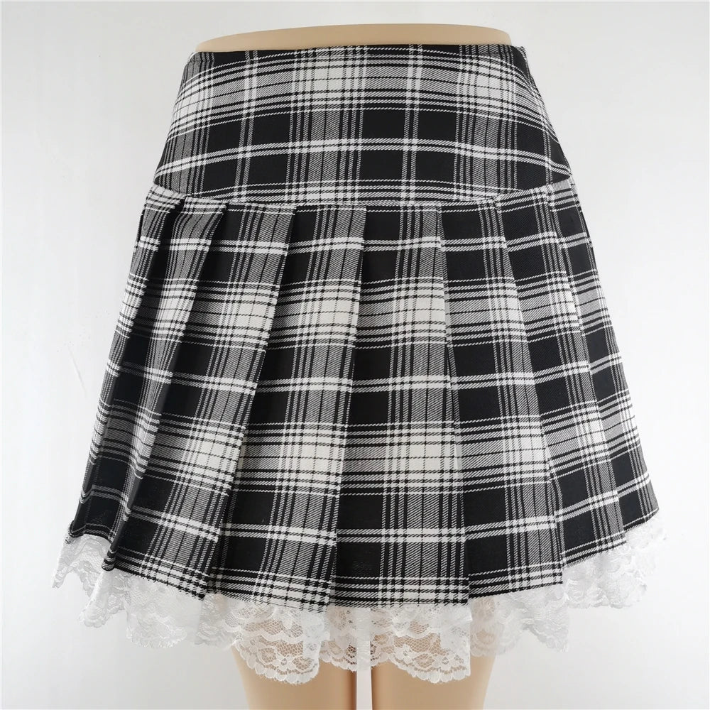 Lace Plaid Pleated Skirt