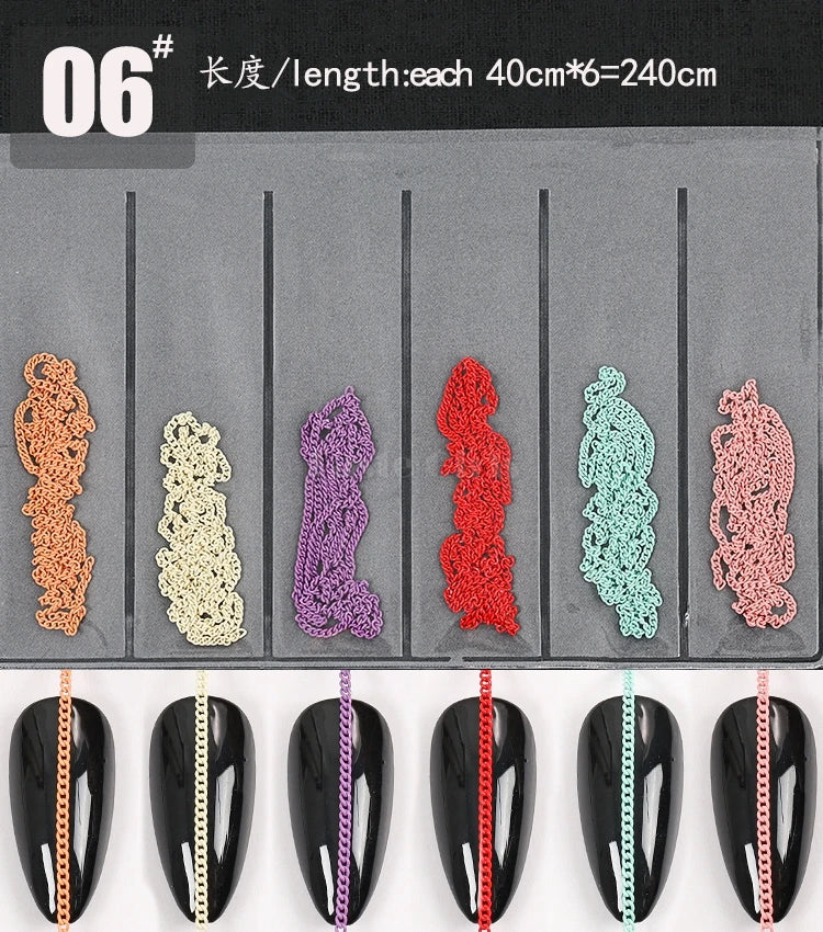 6 Grids/Pack Multi-colored All Various Shapes Chains Ring Buckle Metal 3D Studs Nail Art Alloy Decorations Manicure DIY