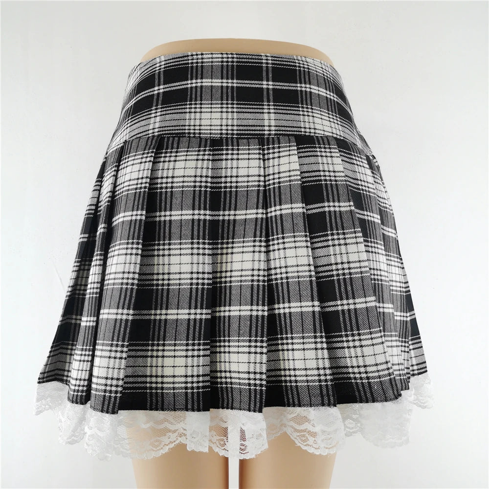 Lace Plaid Pleated Skirt