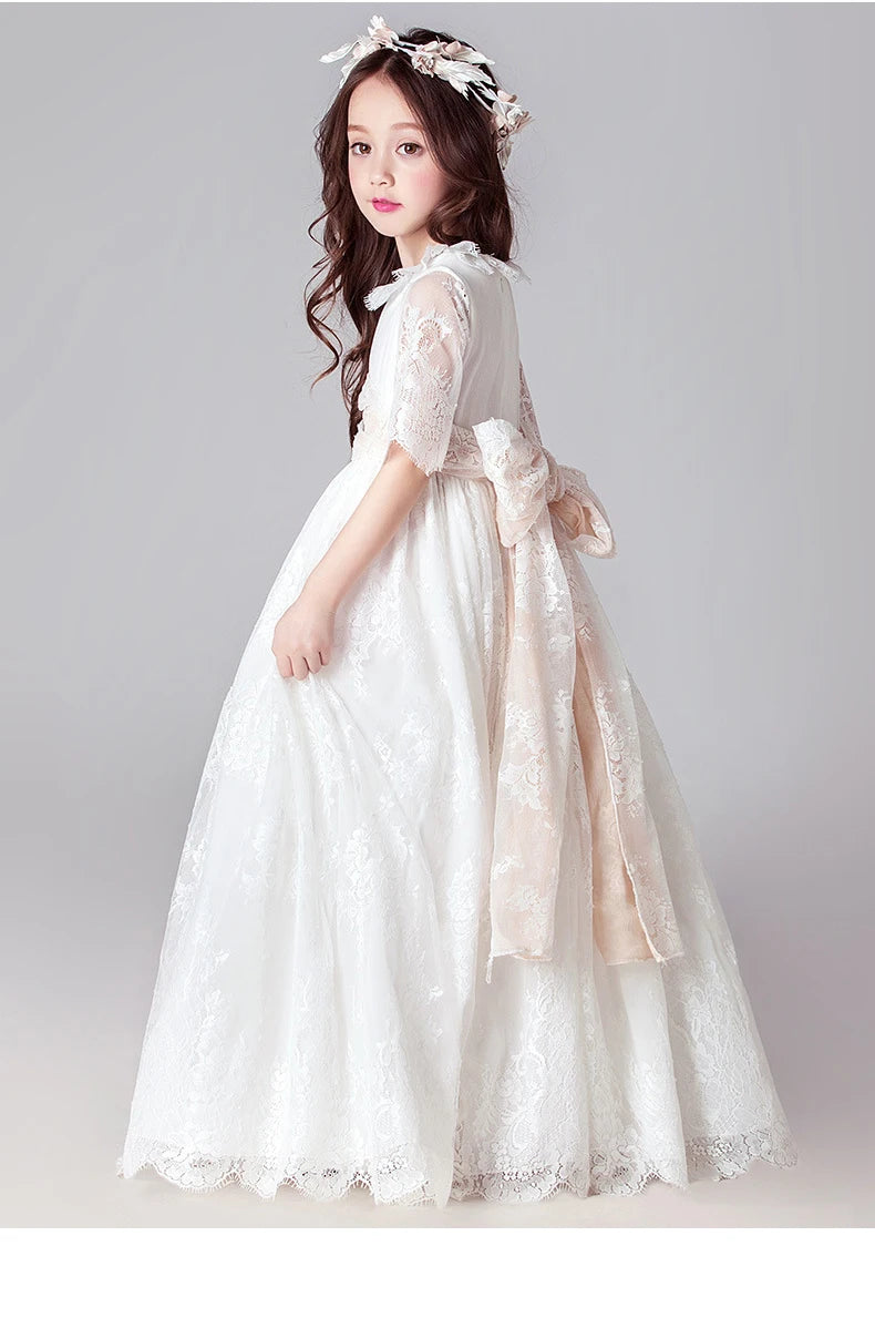 Long White Dresses for Kids Girls Princess Elegant Wedding Guest Children Bridesmaid Lace Dress Party Evening Gown 3 6 14 Years